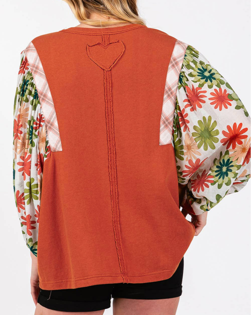 Floral Puff Sleeve Patchwork Round Neck Blouse