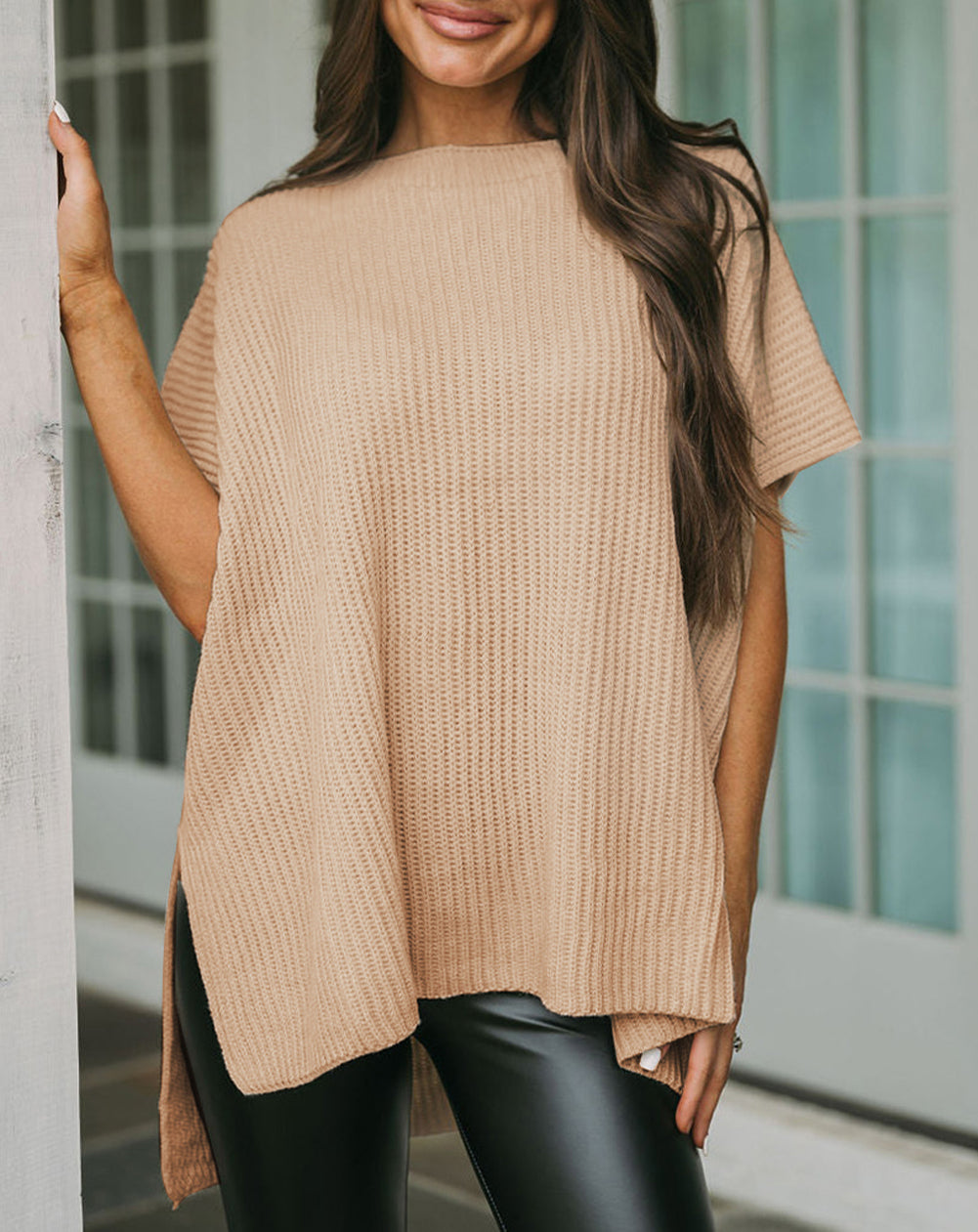 Short Sleeve Side Slit Oversized Sweater