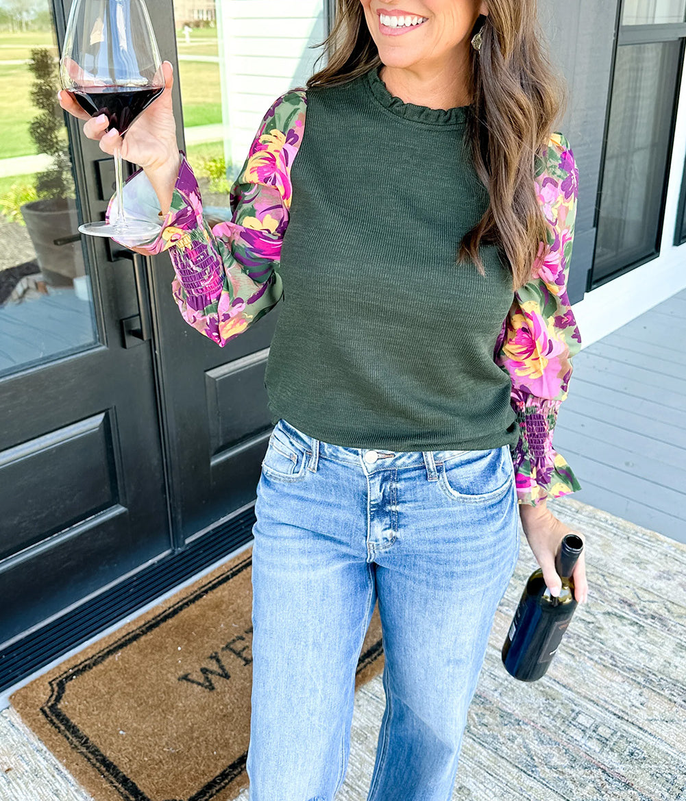 Ribbed Frill Neck Floral Print Long Sleeve Top