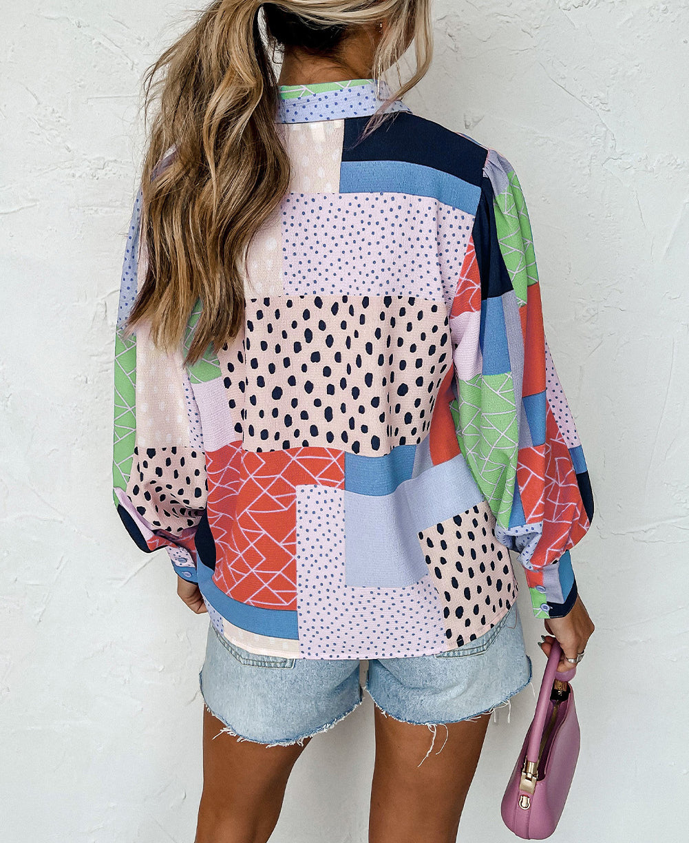 Mixed Print Button Front Cuffed Sleeve Shirt