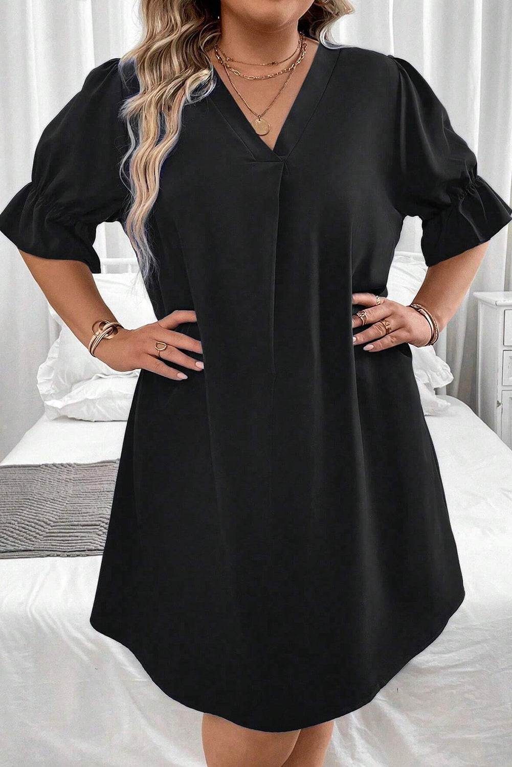 Solid Ruffled Puff Sleeve V Neck Plus Size Mini Dress