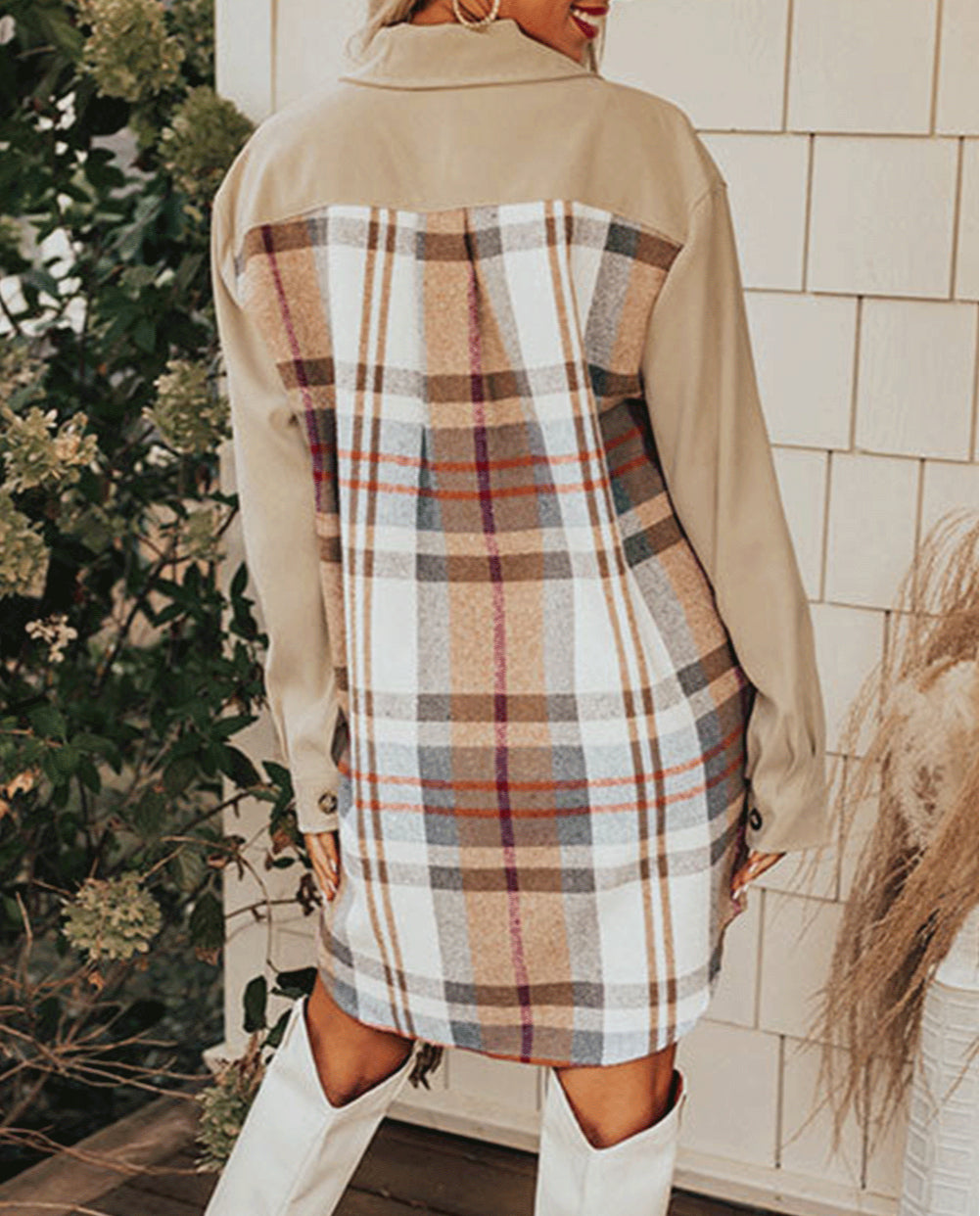 Plaid Patchwork Long Sleeve Shirt Mini Dress