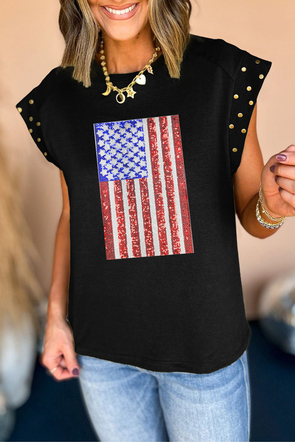 Sequined American Flag Graphic Studded Cap Sleeve T Shirt