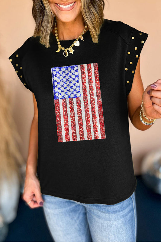 Sequined American Flag Graphic Studded Cap Sleeve T Shirt