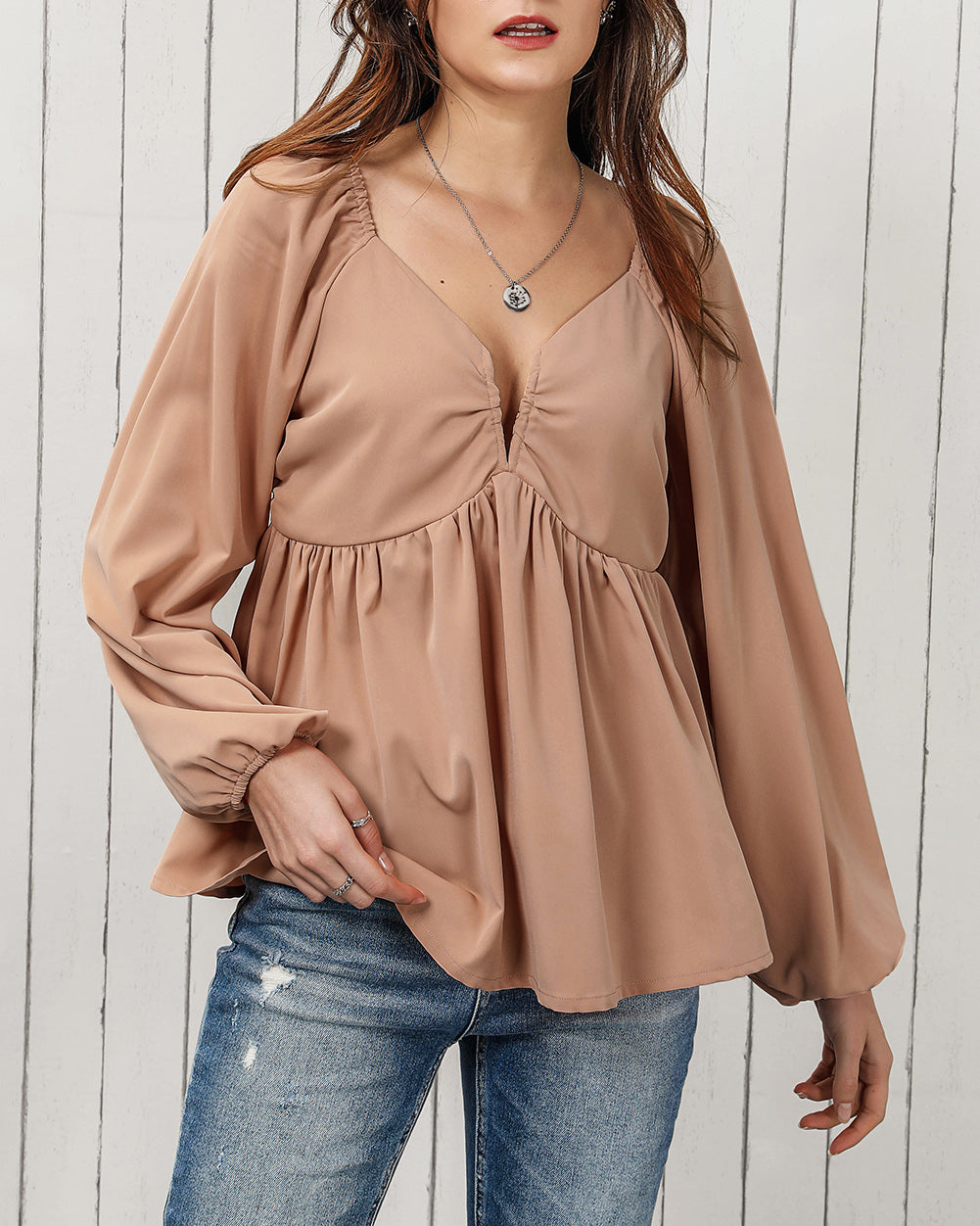 Notched V-Neck Smocked Back Peplum Blouse
