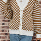 Checkered Striped Patched Buttoned V Neck Cardigan