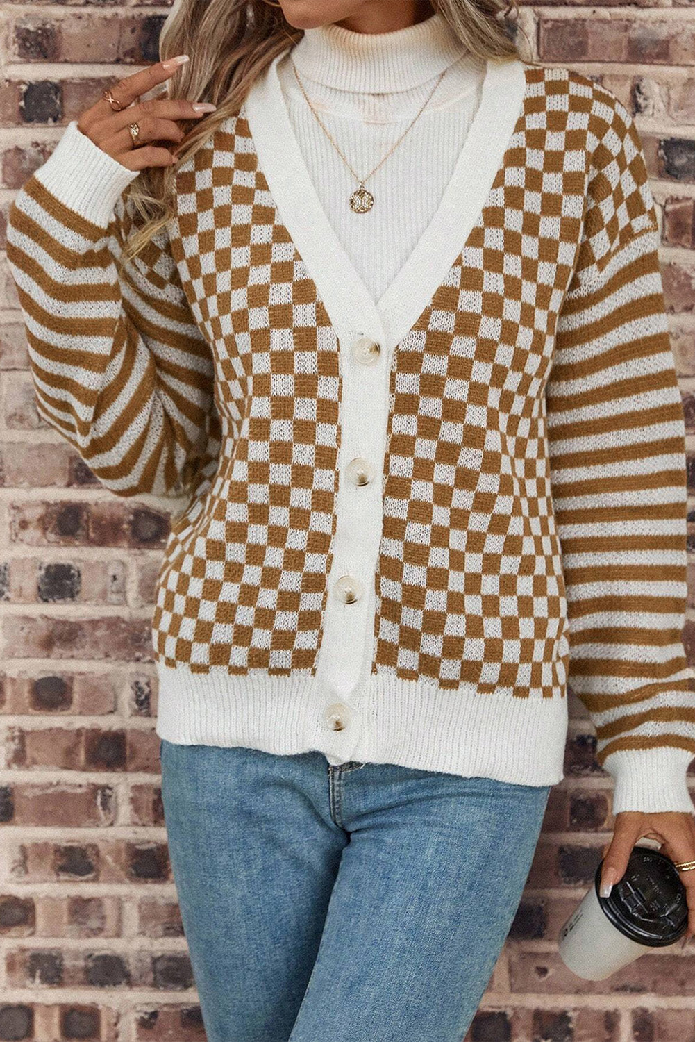 Checkered Striped Patched Buttoned V Neck Cardigan