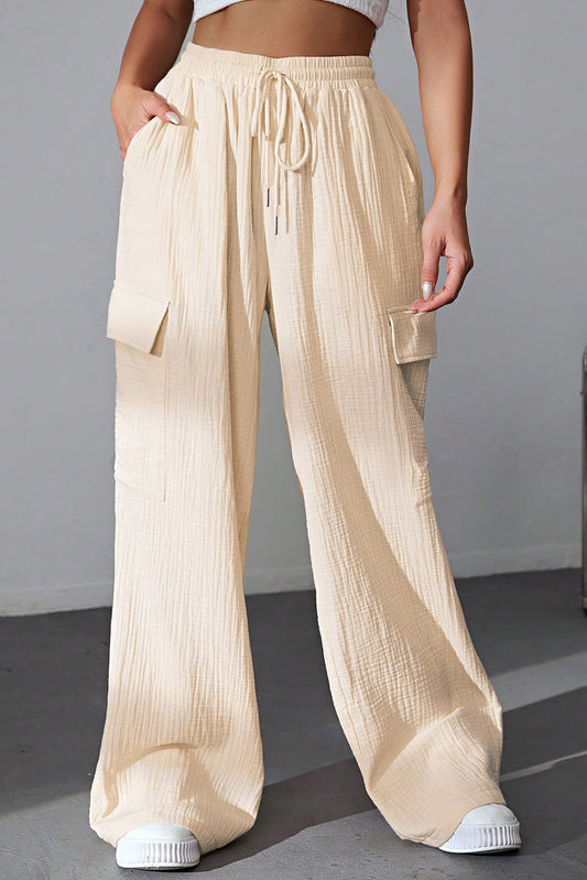 Loose Drawstring High Waist Crinkled Cargo Pants