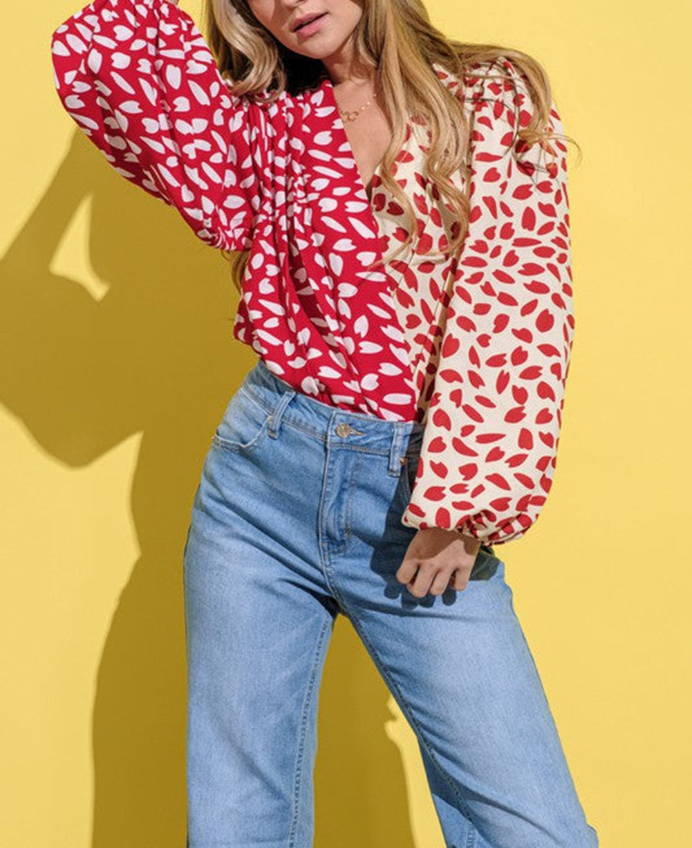 Petal Printed Long Sleeve Wrap V-Neck Bodysuit