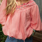 Geometric Embroidered V Neck Puff Sleeve Blouse