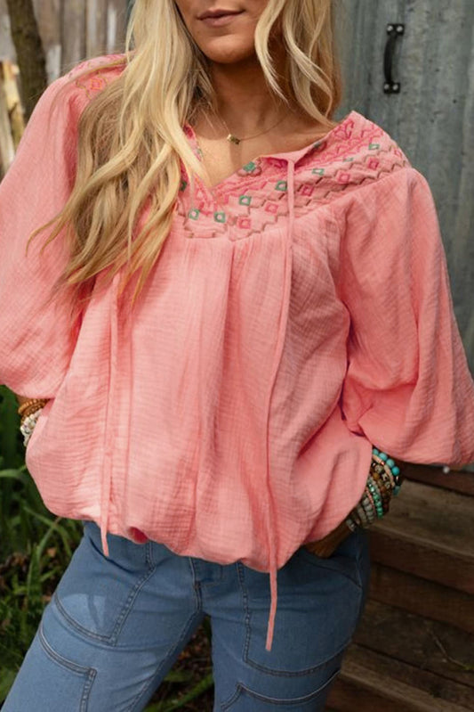 Geometric Embroidered V Neck Puff Sleeve Blouse