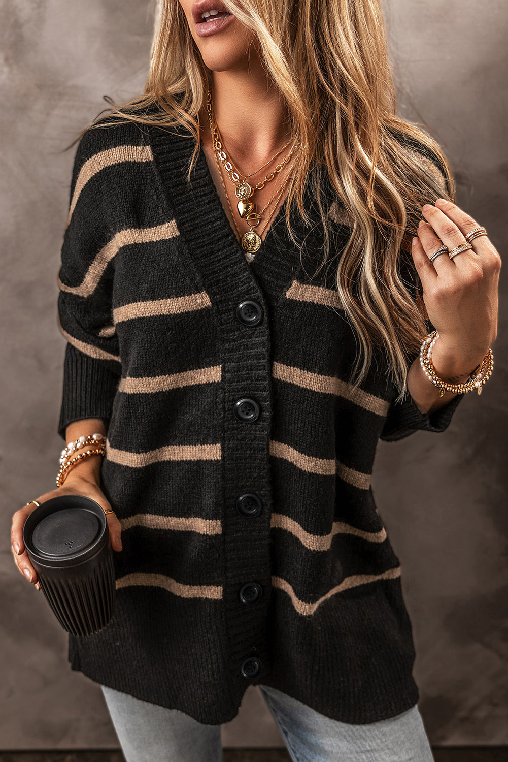 Stripe Buttoned V Neck Drop Shoulder Loose Cardigan