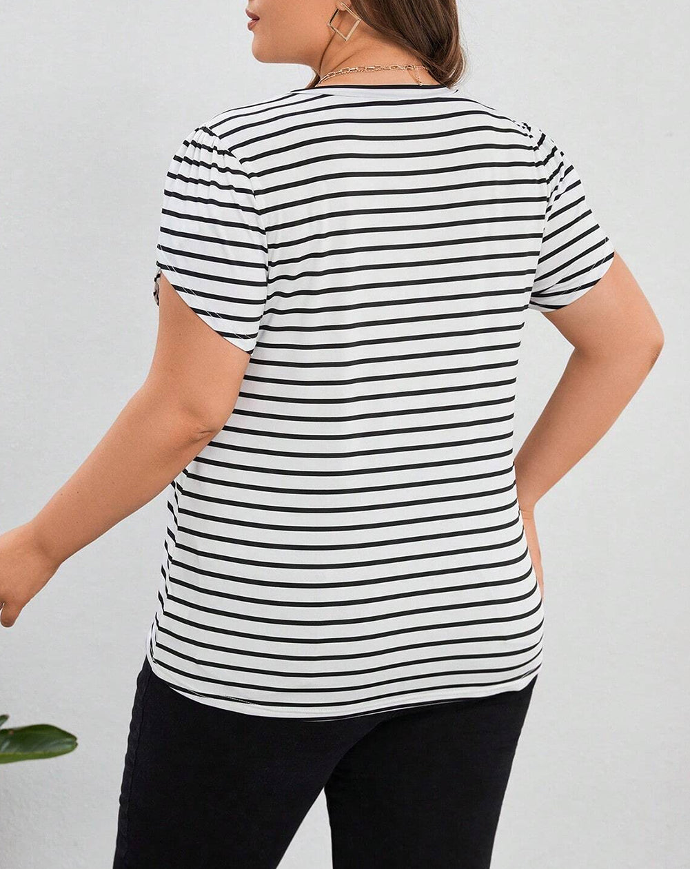 Stripe V Neck Petal Sleeve Plus Size T-Shirt
