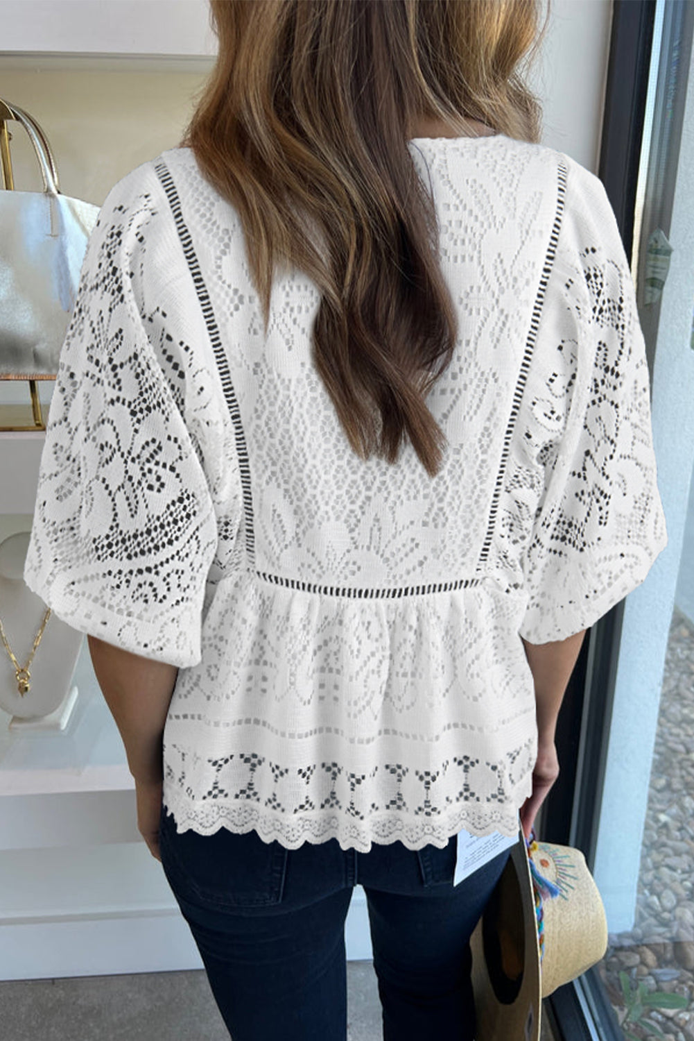 Lace Crochet Hollowed Scallop Hem V Neck Blouse