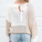 Mixed Pattern Knit Tie Keyhole Drop Shoulder Sweater