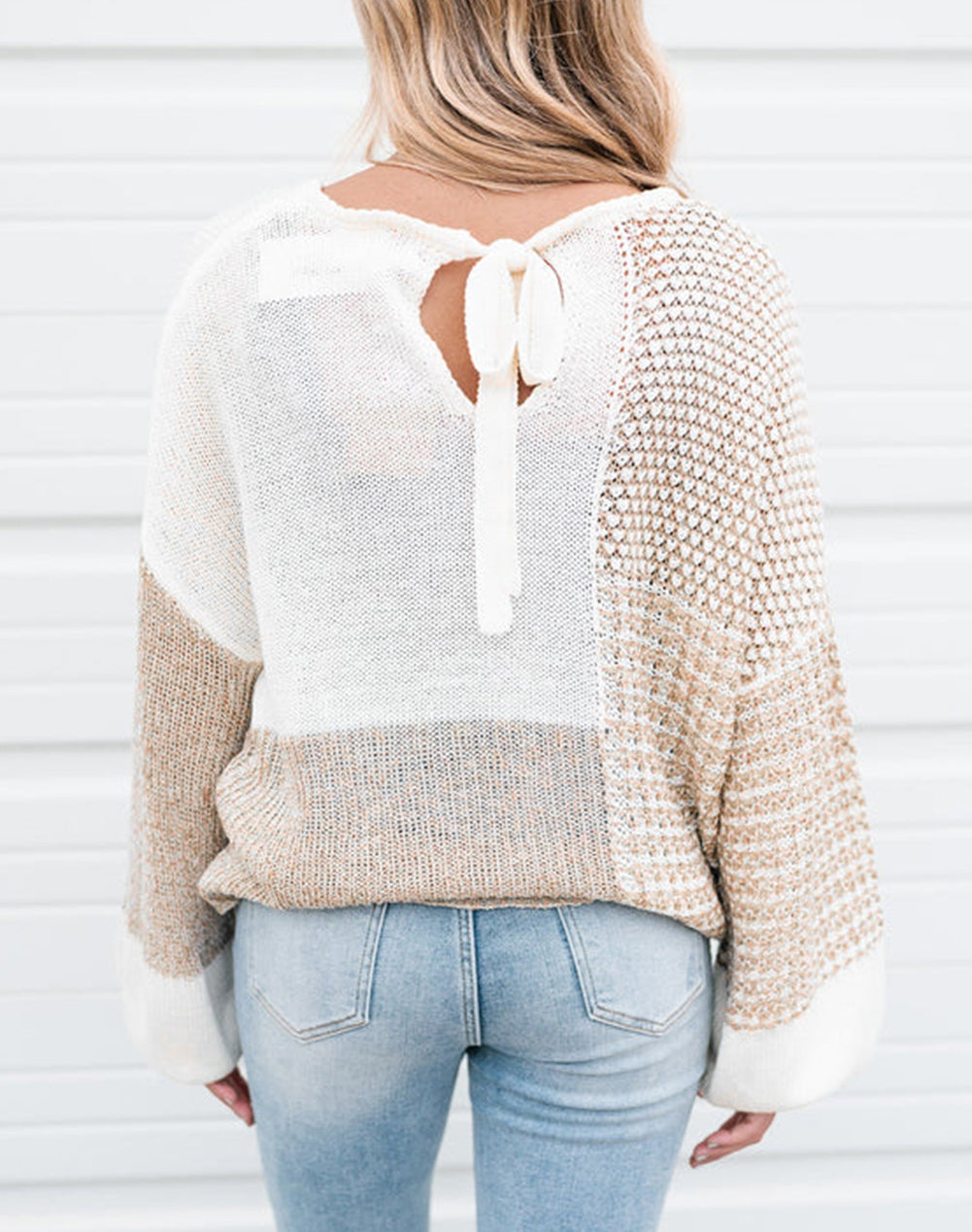 Mixed Pattern Knit Tie Keyhole Drop Shoulder Sweater