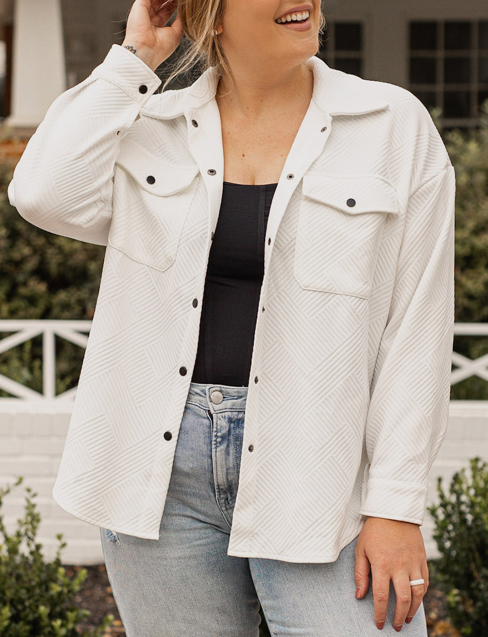 Plus Size Textured Flap Pockets Jacket