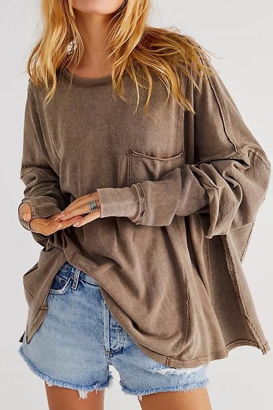 Exposed Seam Thumbhole Drop Shoulder Loose Sweatshirt