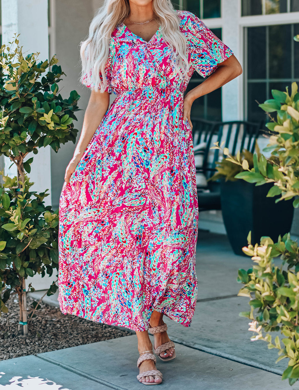 Wrap V Neck Floral Maxi Dress