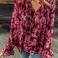 Floral Allover Print Drawstring Ruffled V Neck Loose Blouse