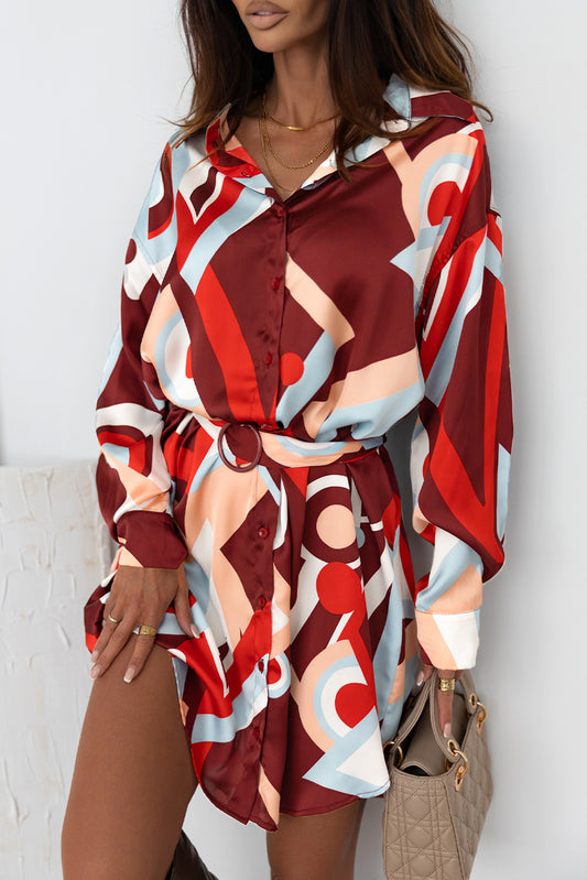 Abstract Print Belted High Waist Button-up Mini Dress