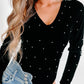 Velvet Beaded Long Sleeve V Neck Bodysuit