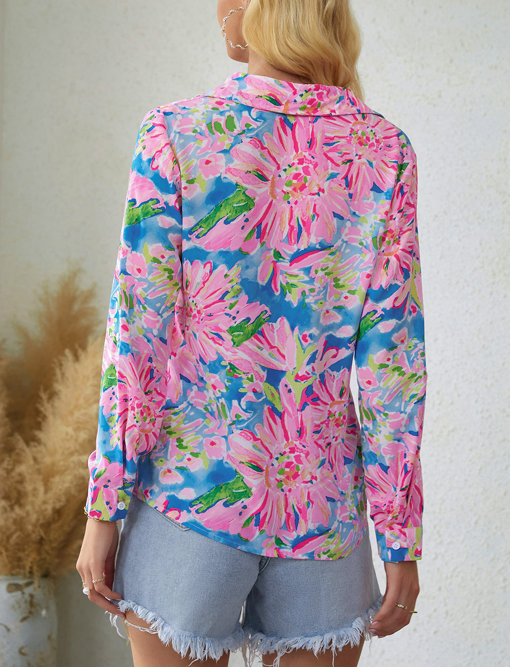 Abstract Floral Print Buttoned Sheath Long Sleeve Shirt