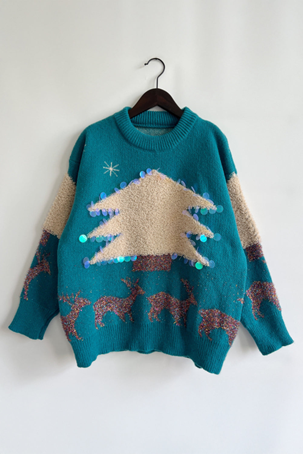 Sequin Fuzzy Christmas Tree Tinsel Elk Drop Shoulder Sweater