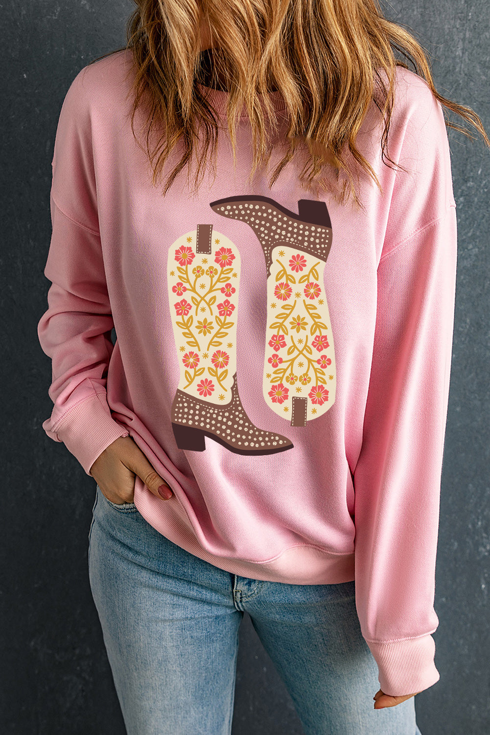 Floral Cowgirl Boots Graphic Drop Shoulder Sweatshirt