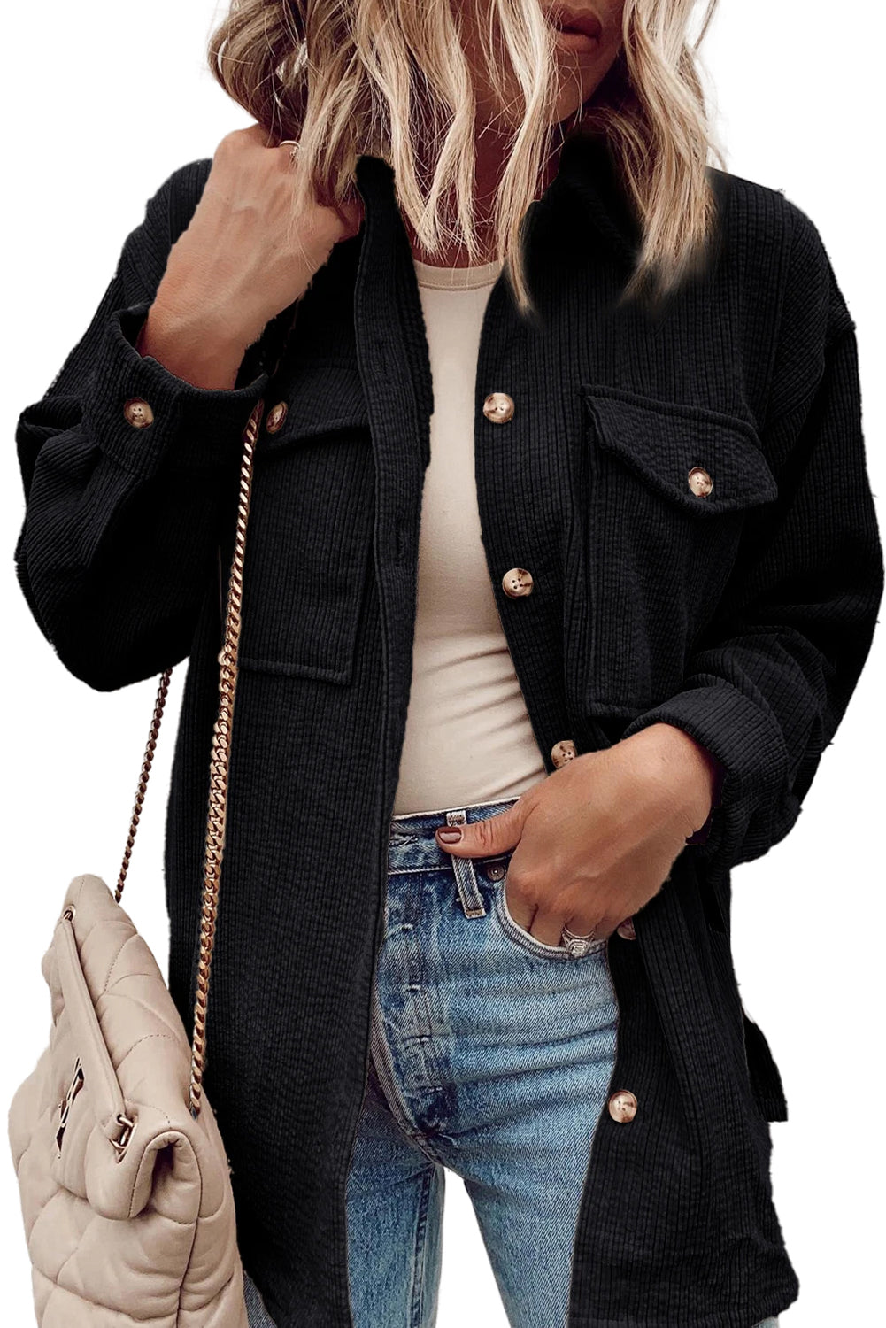 Corduroy Flap Pocket Button Up Shacket