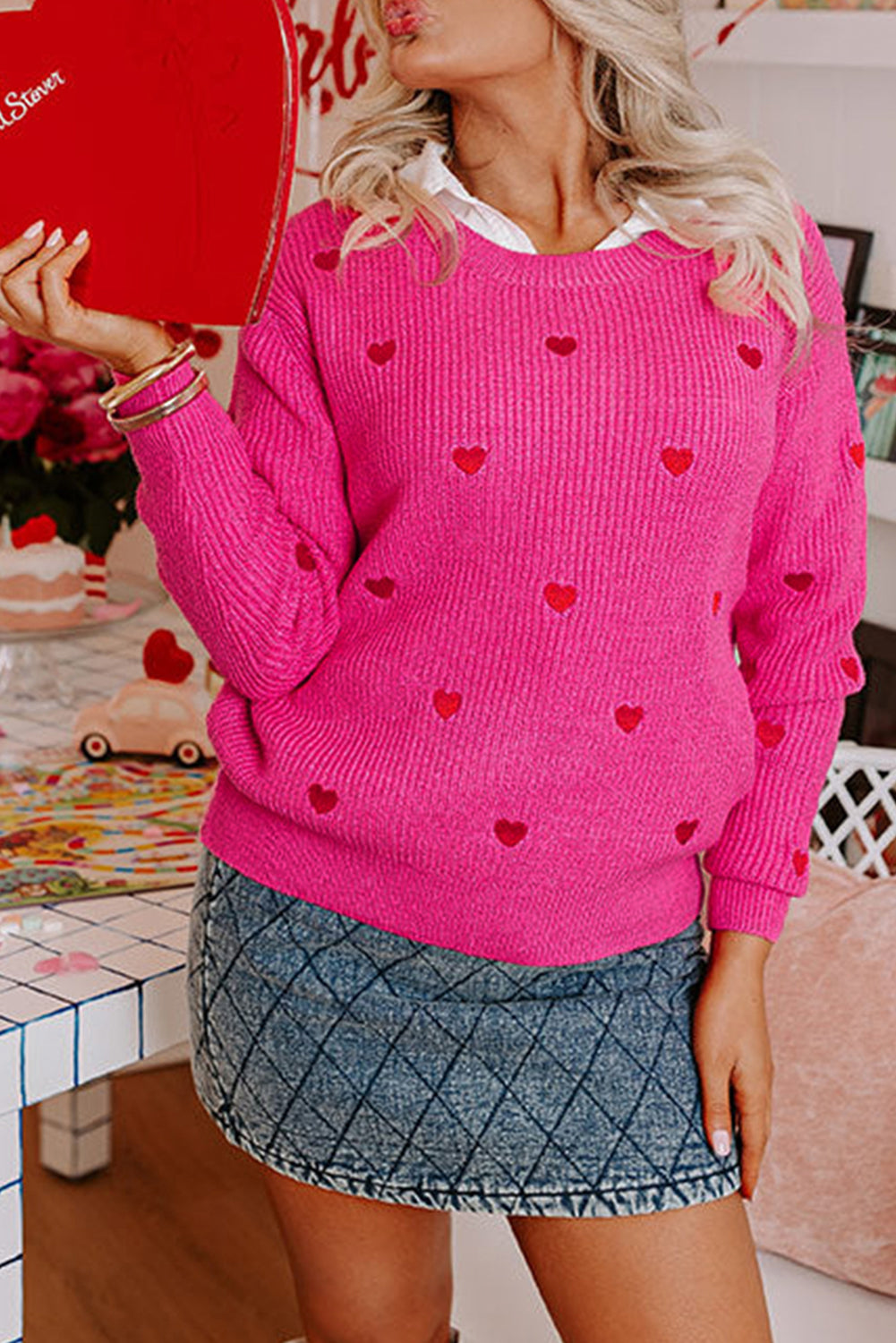 Heart Shape Drop Shoulder Round Neck Sweater