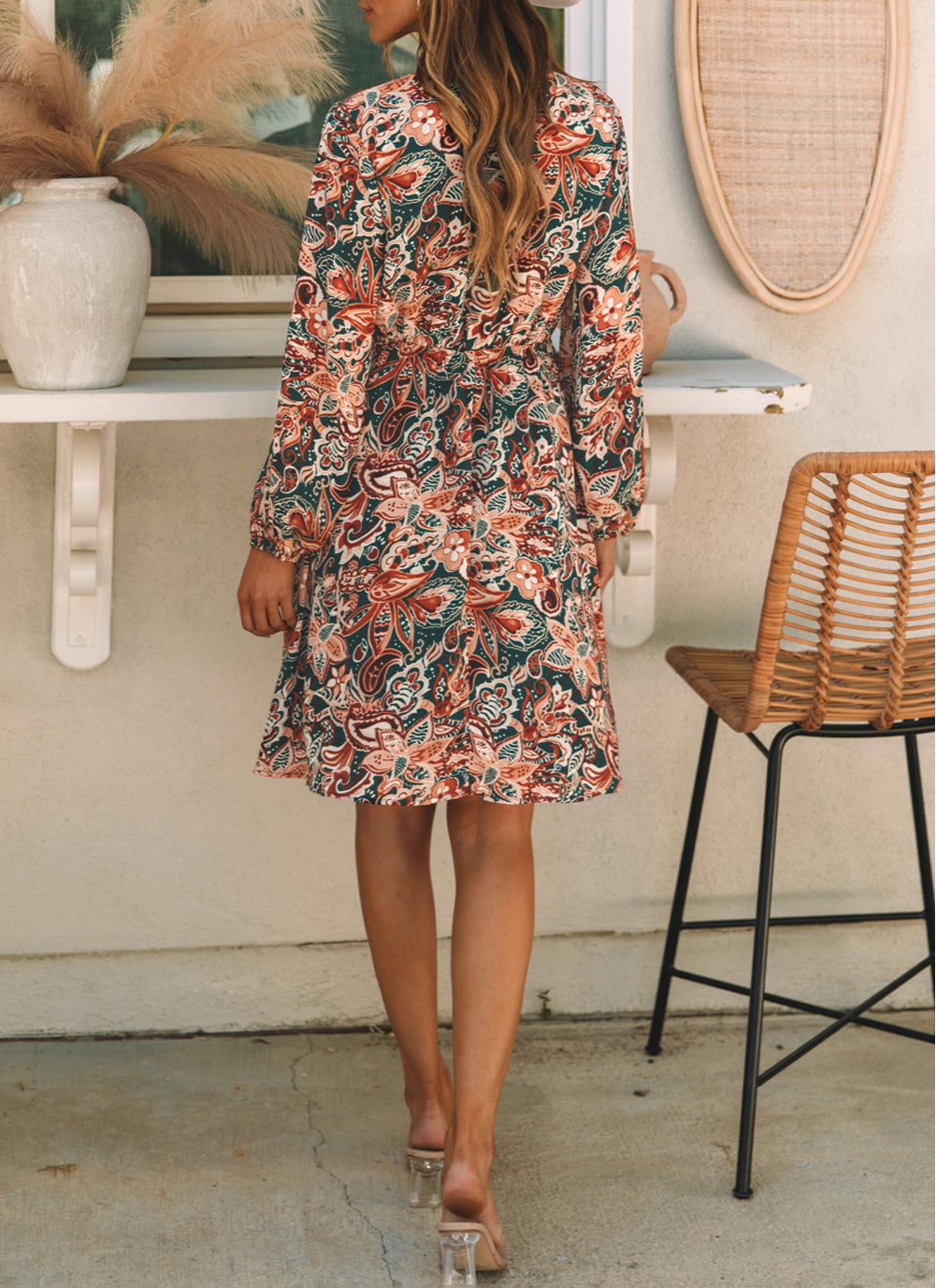 Geometric Print Long Sleeve Surplice Flowy Dress