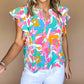 Abstract Print Notched Neck Flutter Sleeve Blouse