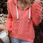 Cable Knit V Neck Contrast Drawstring Hooded Sweater