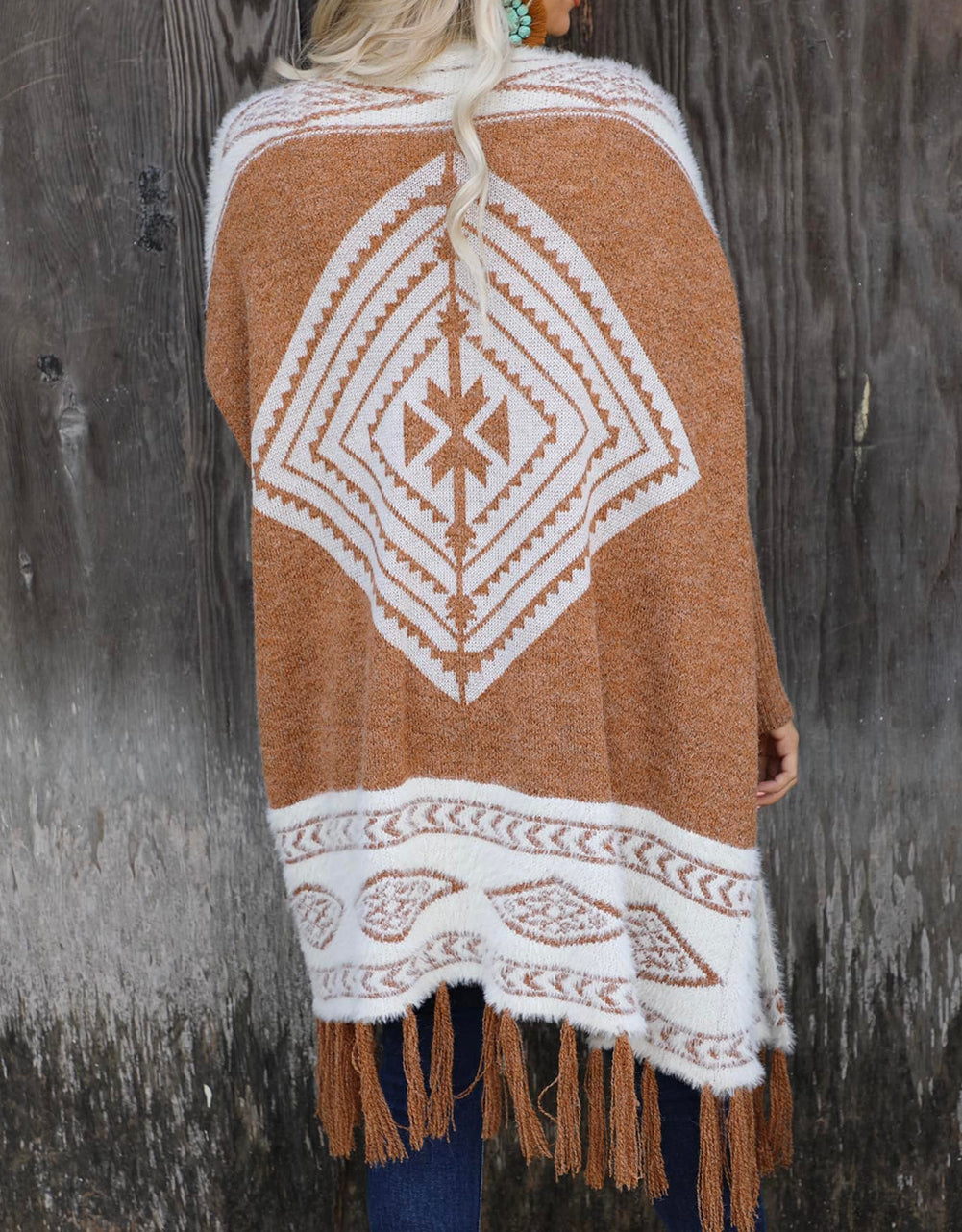 Western Furry Knit Tassel Hem Cardigan