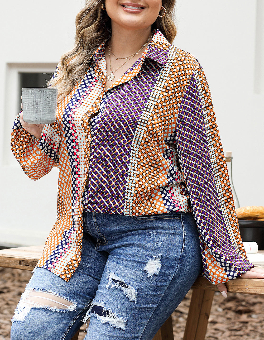 Plus Size Mix Dotted Patchwork Button up Shirt