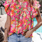 Floral Print Pleated Ruffled Sleeve Summer Blouse