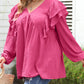 Crinkle Ruffled V Neck Plus Size Blouse