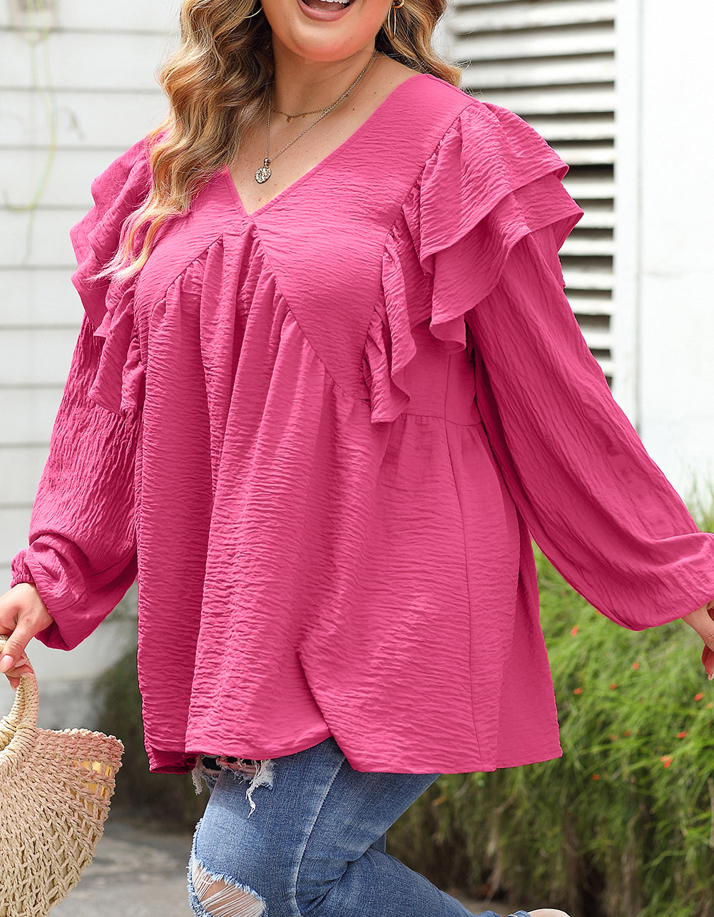 Crinkle Ruffled V Neck Plus Size Blouse