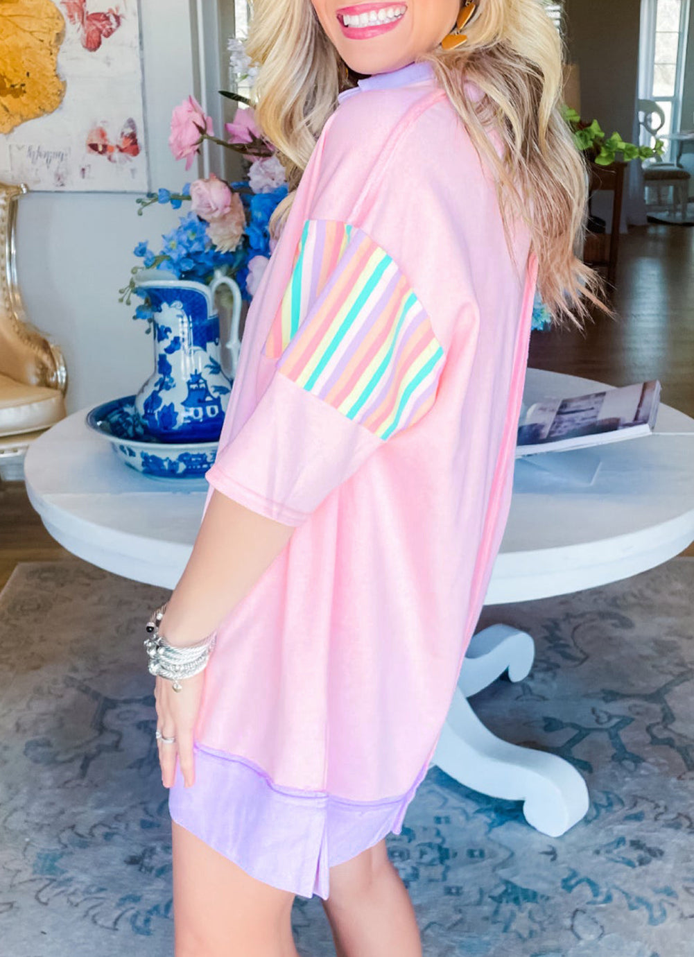 Rainbow Stripe Half Sleeve Buttoned T Shirt Dress