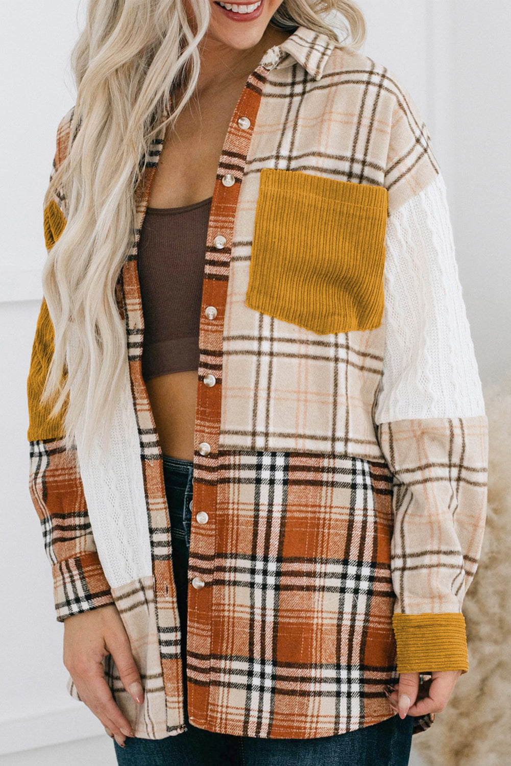 Plus Size Plaid Patchwork Button up Shacket