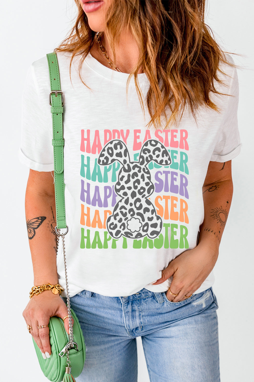Happy Easter Rabbit Print Crew Neck T Shirt