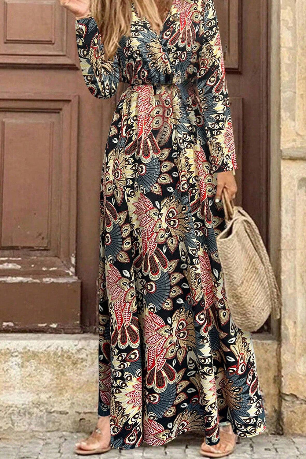 Floral Print V Neck Wrap High Waist Maxi Dress