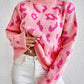 Leopard Pattern Mock Neck Ribbed Trim Sweater
