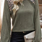 Leopard Print Crochet Patchwork Rib Textured Knit Top