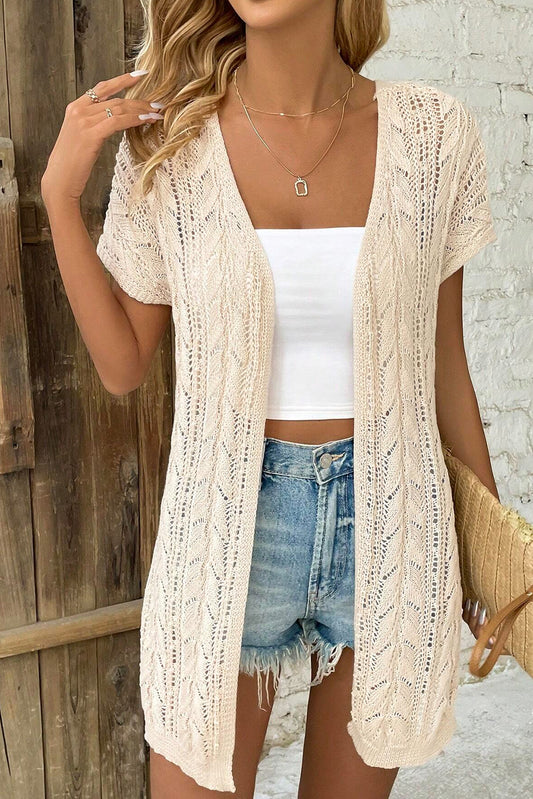 Openwork Short Sleeve Open Cardigan