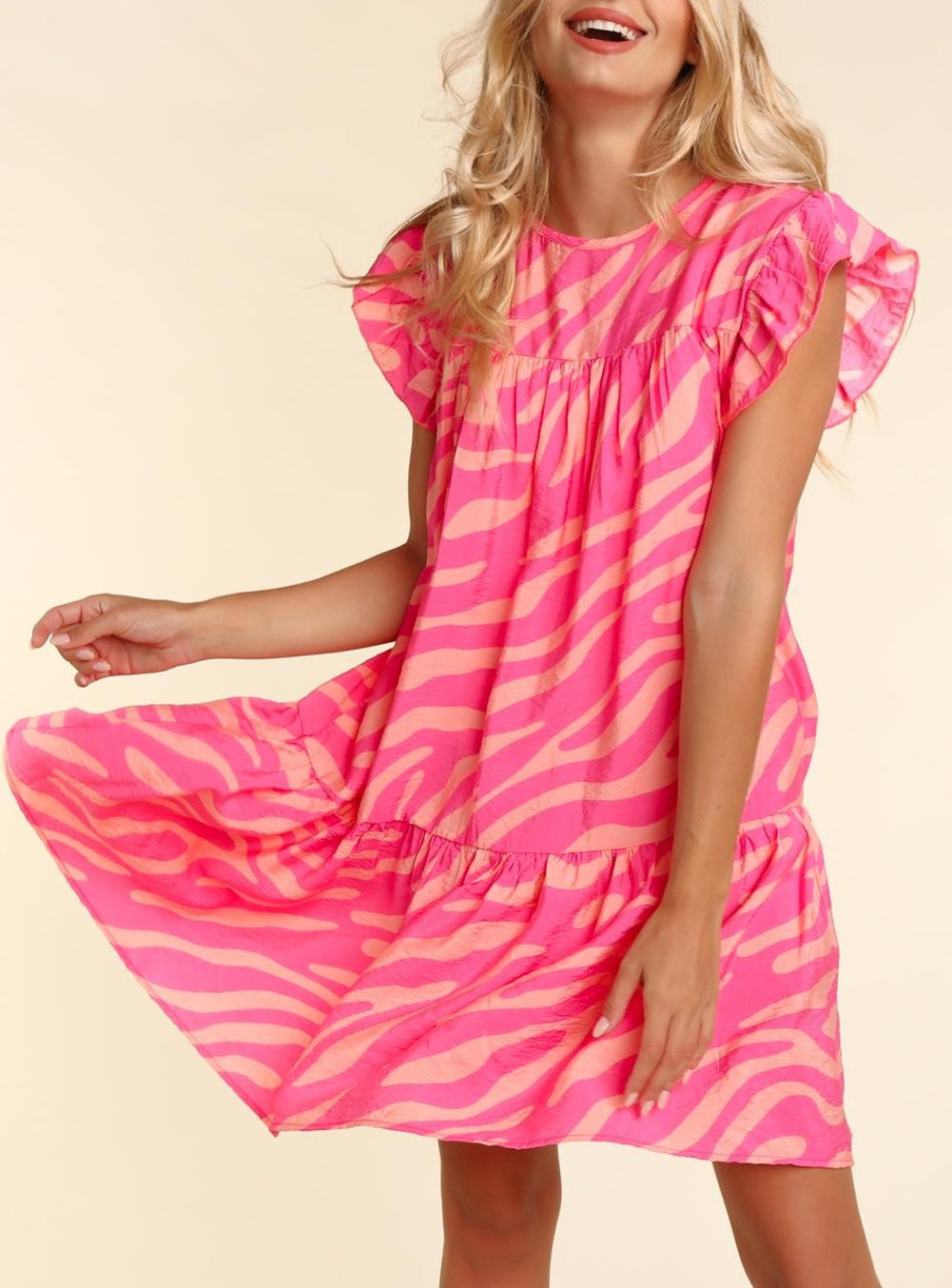 Zebra Stripe Printed Ruffle Trim Pocketed Dress