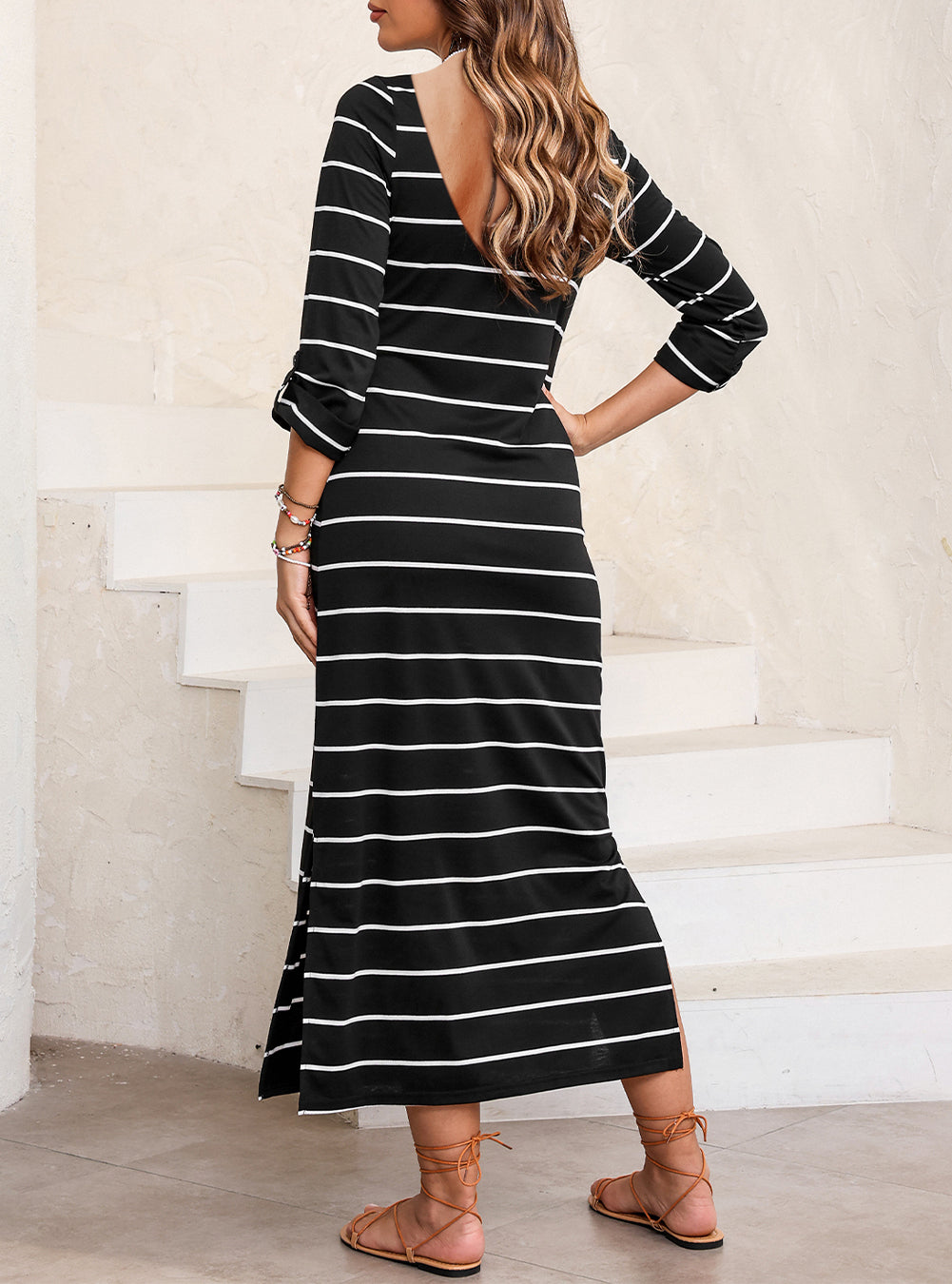 Striped Casual Slit Long Dress
