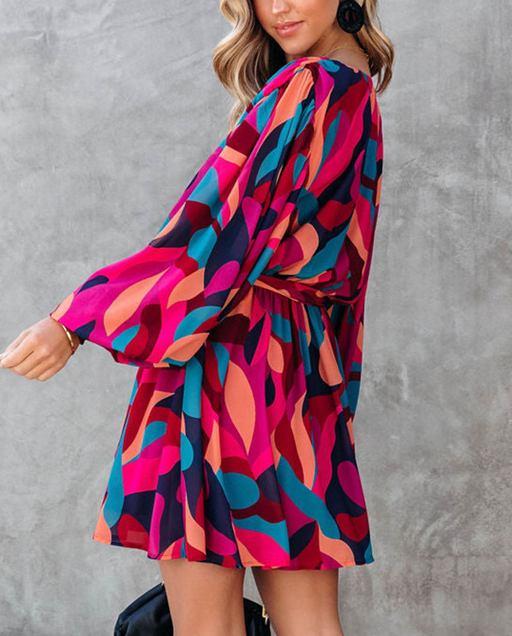 Abstract Printed Belted Puff Sleeve Mini Dress
