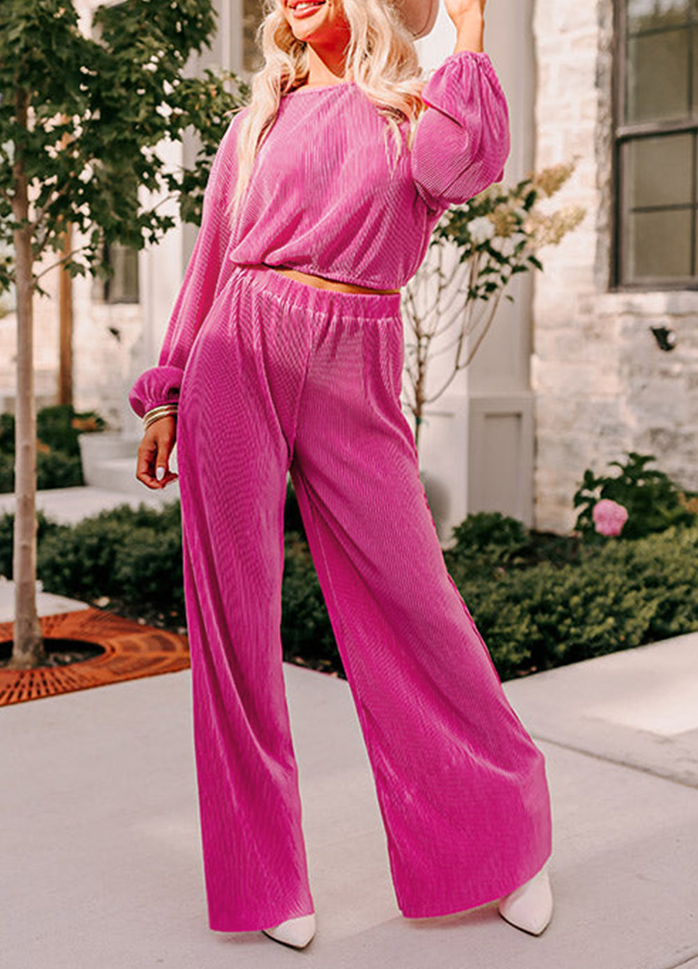 Solid Pleated Crop Top Wide Leg Pants Set